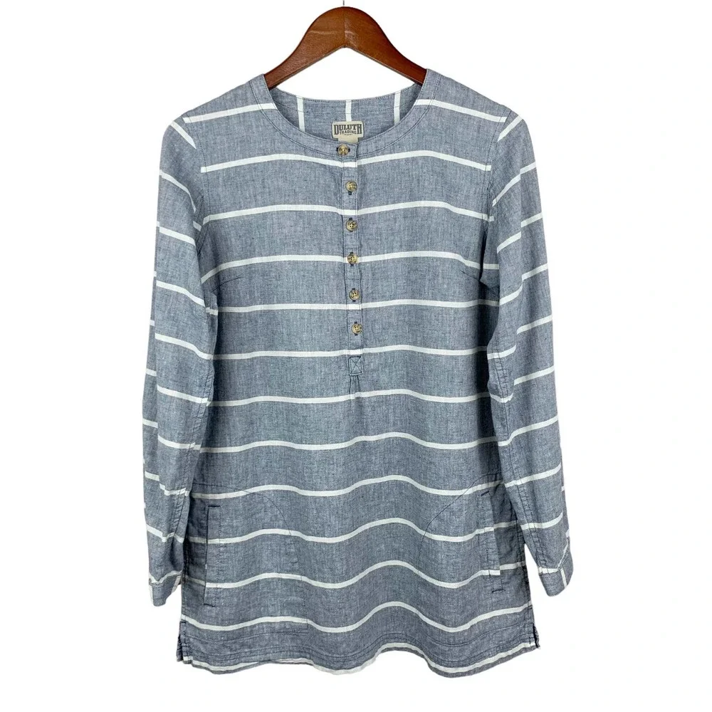Duluth Shirt Tunic Top Hemp Organic Cotton Blue Stripe Women’s M